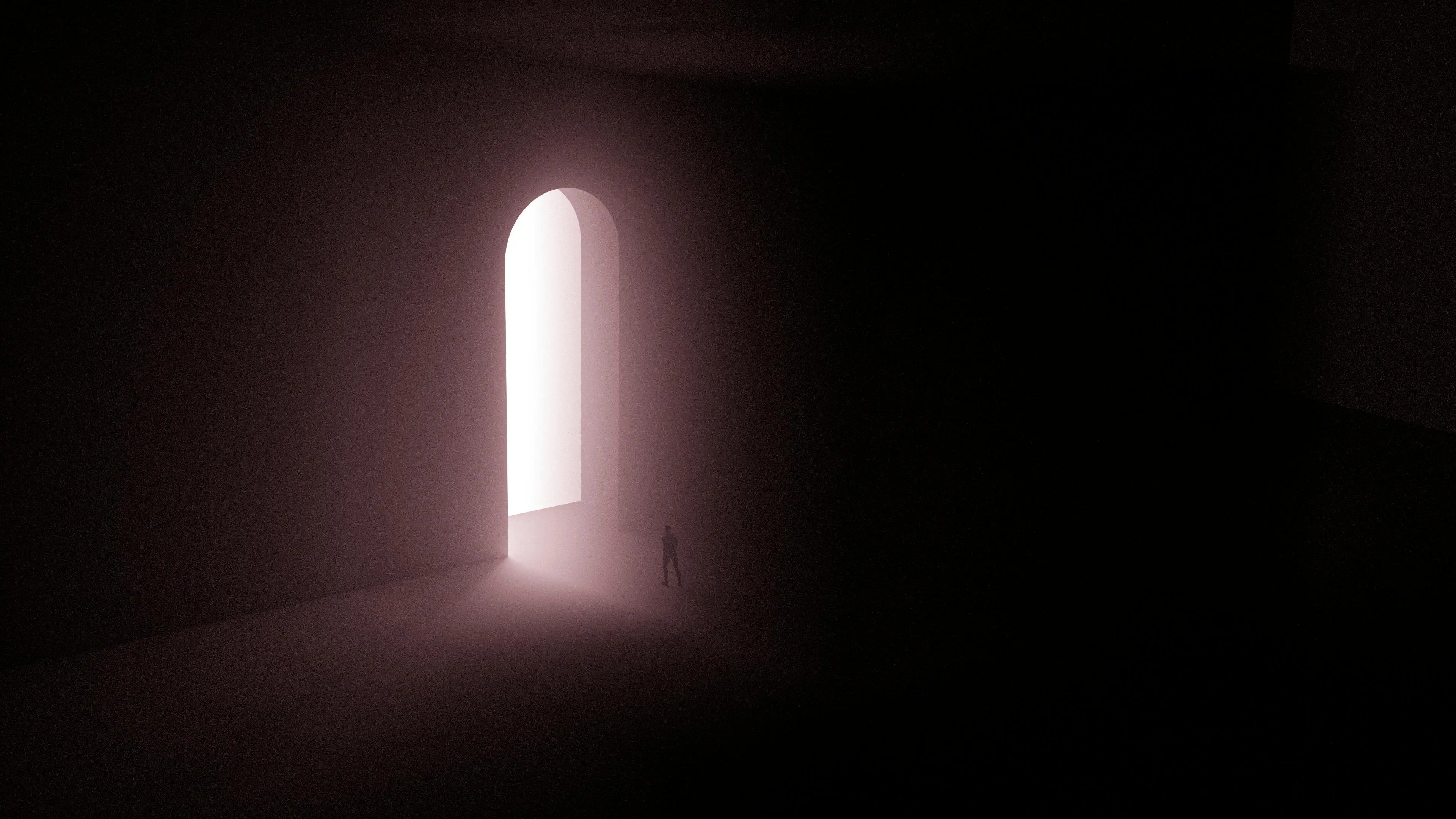 A conceptual image depicting a solitary figure standing before a large, illuminated archway, symbolizing the unknown challenges human ingenuity is going to explore. Artist: Mo Eid.