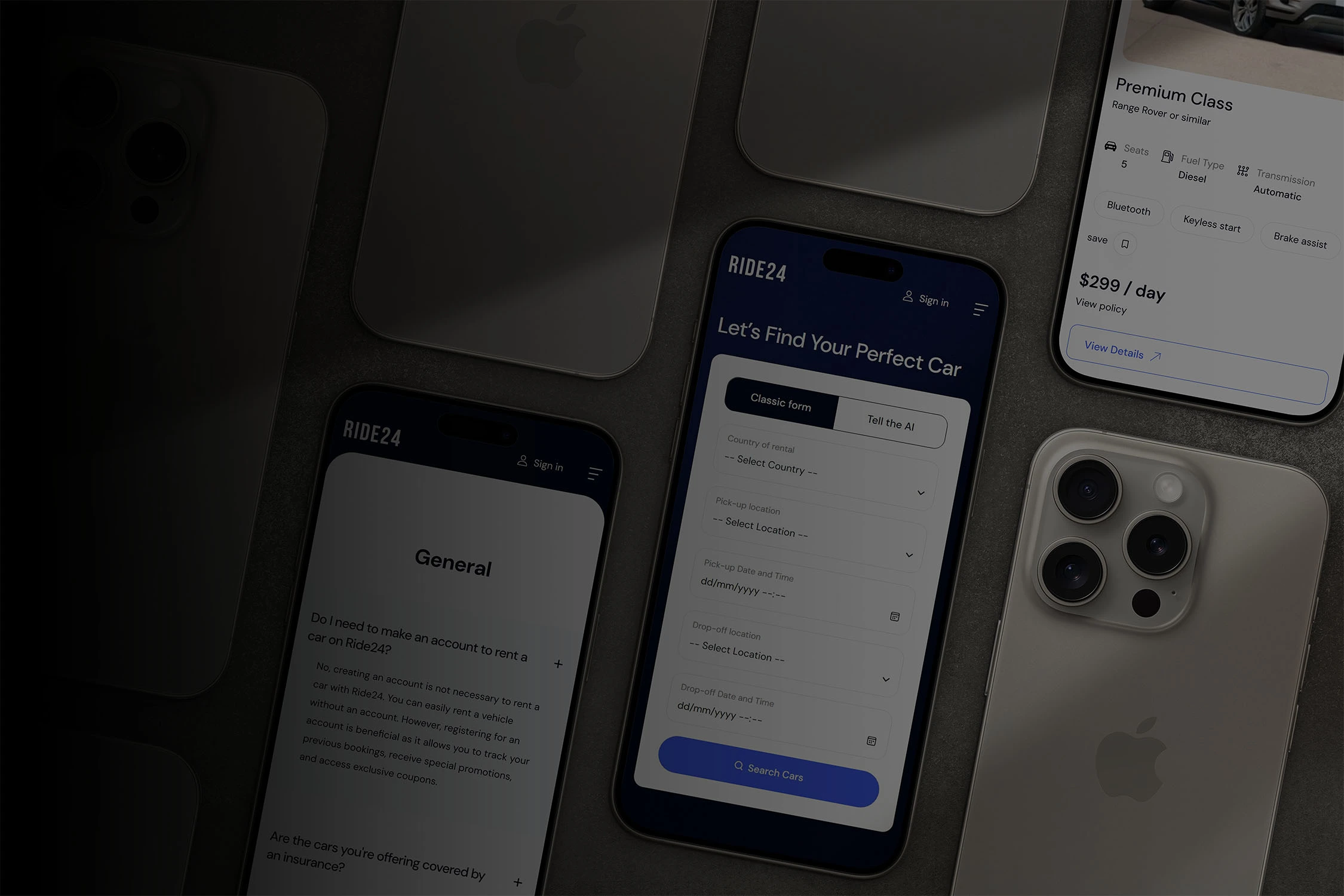 An assortment of mobile devices displaying different screens of the car rental app, showcasing features such as account options, car search form, and vehicle listings, including a Range Rover in the premium class category.